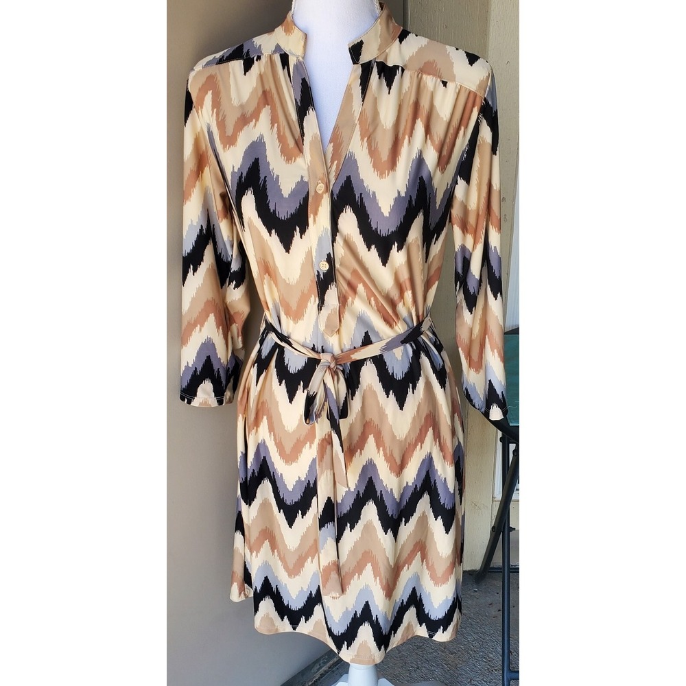 Tacera Dress Womens Small Beige Blue Black Chevron Pintuck Mandarin‎ Collar